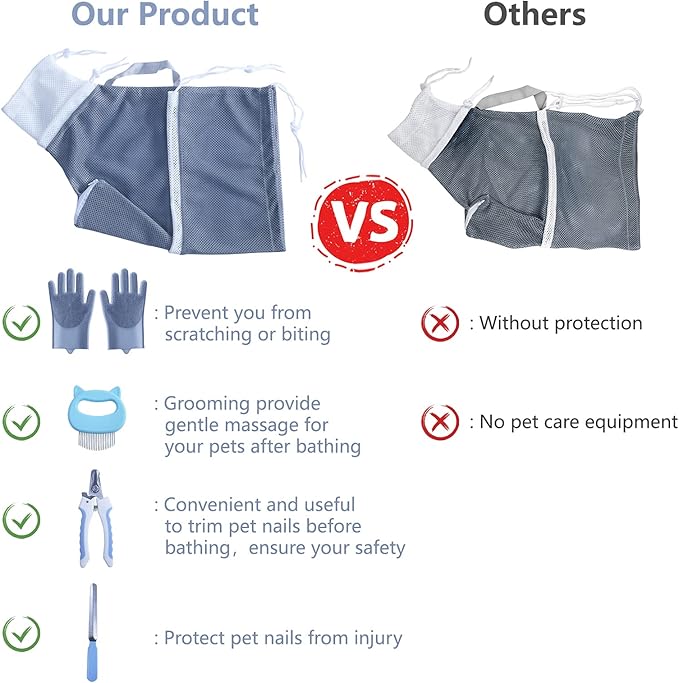 KlerRoem Cat Bathing Bag, Adjustable Anti-bite and Anti-Scratch Shower Mesh Grooming Bag for Pet Dogs, Includes Pet Nail Clipper, Nail File, Grooming Glove, and Cat Shell Comb