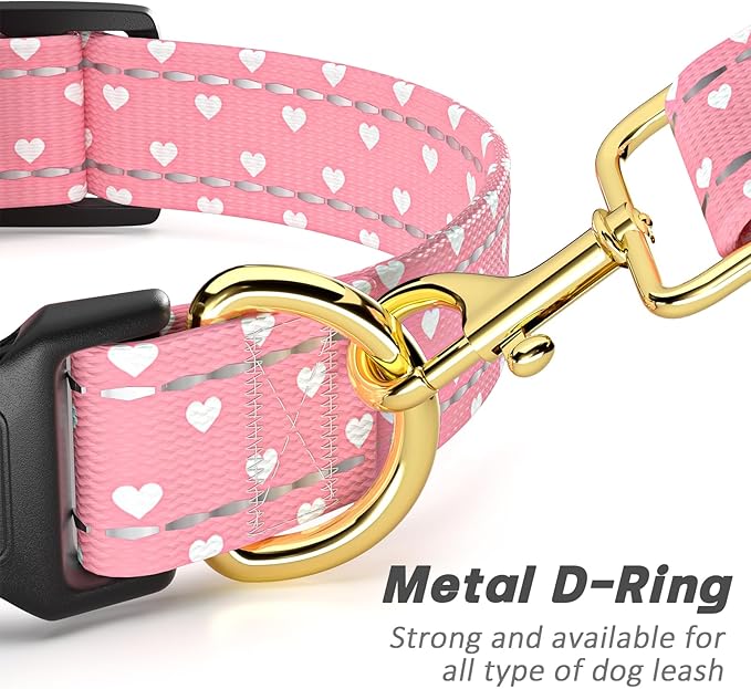 Reflective Dog Collar for Extra Small Dogs, Cute Adjustable Heavy-Duty Nylon Puppy Collars for Boy and Girl Female, Soft Pet Accessories with Quick Release Buckle, Neck 8-12", Pink Hearts
