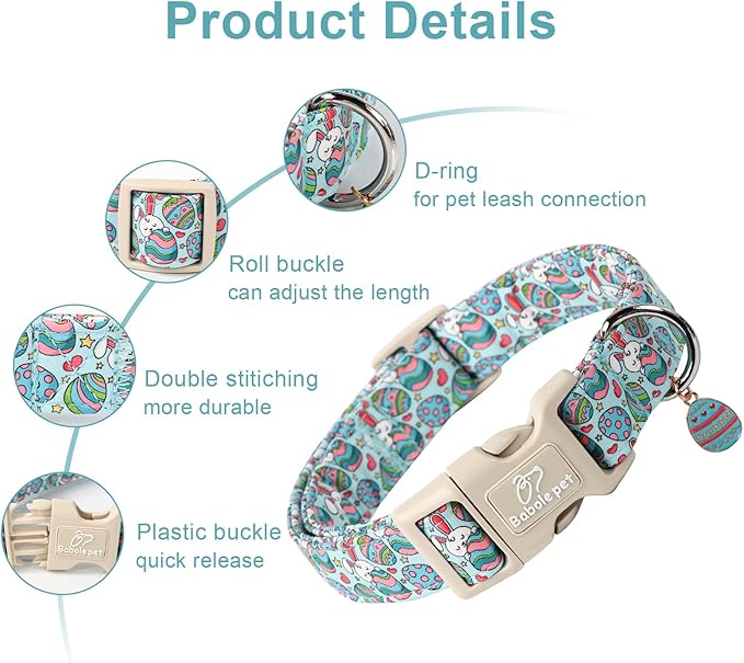 Easter Dog Collar for Large Dogs - Blue Sleepy Bunny Egg Easter Collars for Boy Girl Dogs, Adjustable Spring Holiday Pet Collars with Quick Release Buckle L
