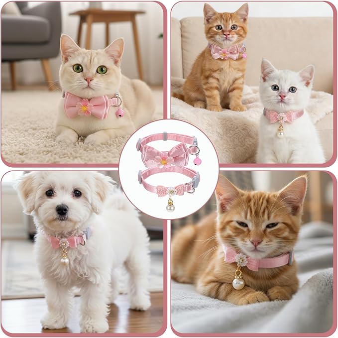 Larrel 2 Pcs Pink Cat Collar Bow, Adjustable Comfortable Pearl Cat Collar with Bow Cute Collars for Girl Cats Breakaway Kitten Accessories with Safety Buckle for Preventing Cats from Get Lost