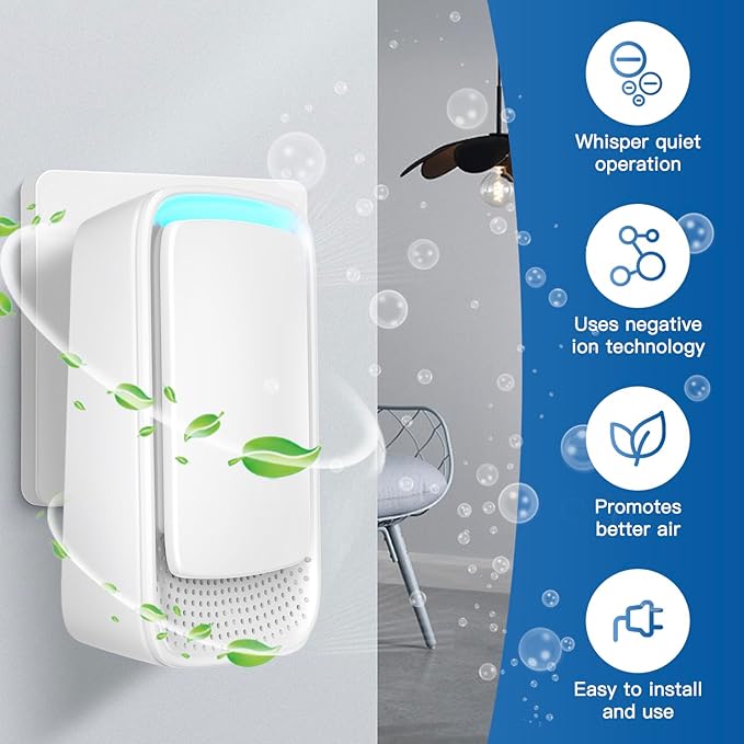 Plug In Air Ionizers - Negative Ion Technology Air Purifier - Quiet Operation Air Freshener for Home, Bedroom, Office, Garage Room - Portable Air Purifiers Odor,Pets Smell - Air Cleaner White (1 Pack）