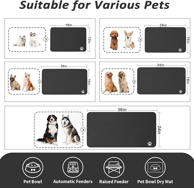Dog Food Mat - Absorbent Cat Mat for Food and Water, No Stains Pet Feeding Bowl Mat, Easy to Clean Pet Placemats, Quick Dry Dog Water Dispenser Mat for Messy Drinkers | Paw Black 16"x 24"