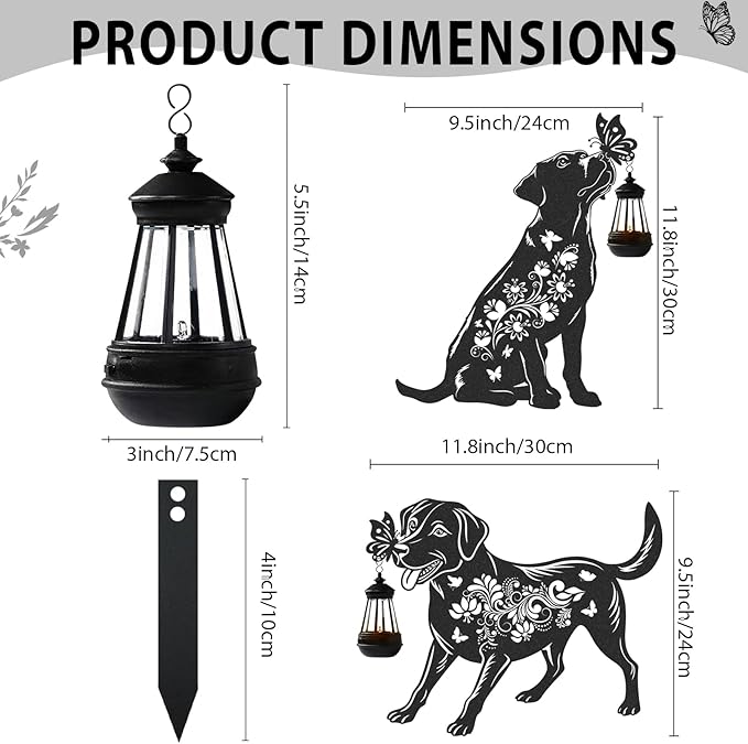 Solar Lights Garden Decor - 2 Pcs Metal Dog Statues Outdoor Decorative Yard Stakes with Lantern Waterproof Patio Lawn Pathway Ornaments Christmas Decorations Gifts for Women Animal Lover