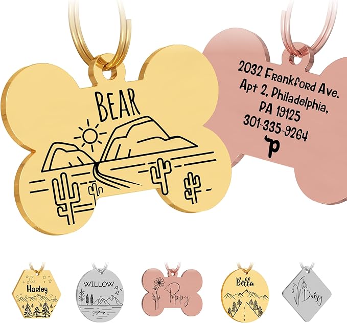 PawFurEver Custom Engraved Pet ID Tag – Personalized Dog Name Tag for Dogs and Cats, Stainless Steel Collar Accessory with Cute Designs pet Name Tags (Bone, Gold)