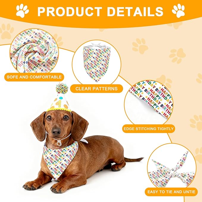 Dog First Birthday Party Decorations, Adjustable Dog Bandana Set with Hat, Numbers, Banner for Pet Party Supplies Festive Accessories Large Medium Small Pet Puppy Dogs, Color