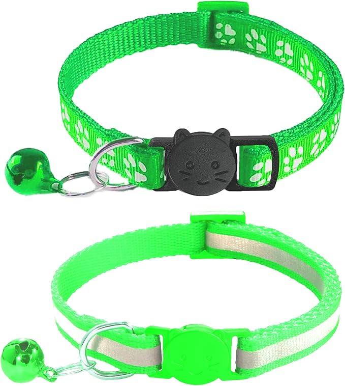 2 Pack Breakaway Cat Collars with Bells, Reflective Design and Claw Print Design, Safety Buckle Kitten Collars Adjustable from 7.5 to 12.5 Inches (Green)