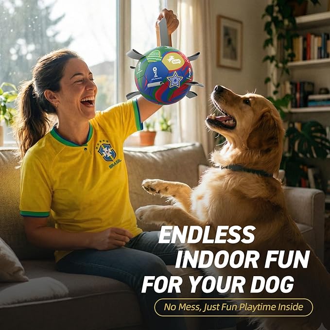 QDAN Dog Soccer Ball with Straps, 7 Inch World Cup Soccer Ball for Dogs, Water Toy, Dog Ball Toys for Medium Large