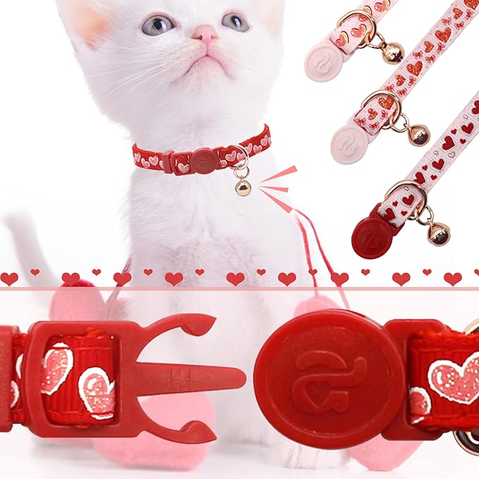 azuza 4 Pack Valentines Kitten Collar with Bell Valentines Day Breakaway Kitten Collars with Cute Heart Pattern Adjustable Size Suitable for Kittens