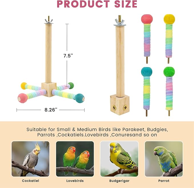 Upgraded Parrot Perch Toy,Rotating Bird Perch Stand with Chew Ball Toy for Small&Medium Birds,Bird Cage Accessories for Parakeets Cockatiels Lovebirds Conures Finches Budgies (Rainbow Colors)