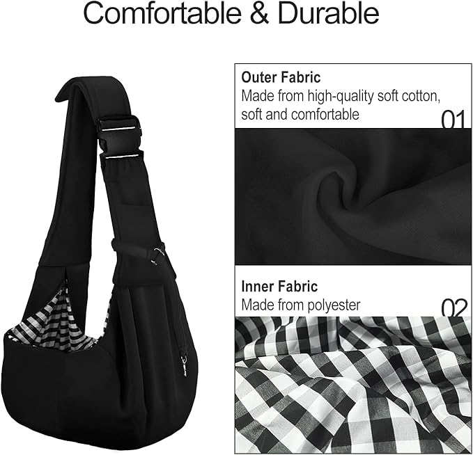 PETLOFT Reversible Dog Cat Sling Carrier, Small Dog Carrier, Adjustable Dog Sling, Hands Free Cross Body Carrier with Collar Hook for Dog/Cat/Bunny up to 11lb, Black