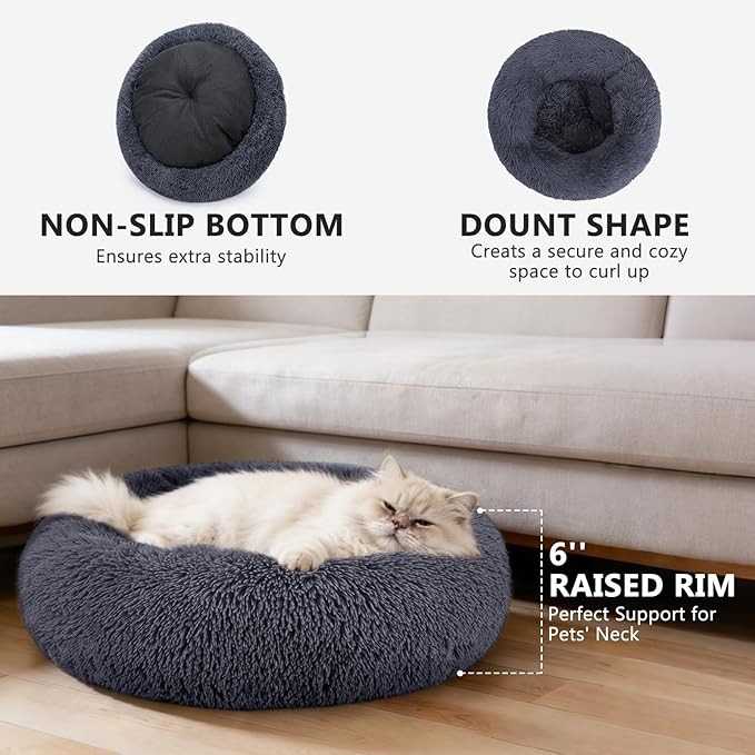 MIXJOY Calming Cat Beds for Indoor Cats, 20'' Kitten Donut Beds for Pet Up to 15lbs, Fluffy Small Cat Cuddler, Anti-Anxiety Plush Faux Fur Large Pet Bed Washable (20'', Grey-Blue)