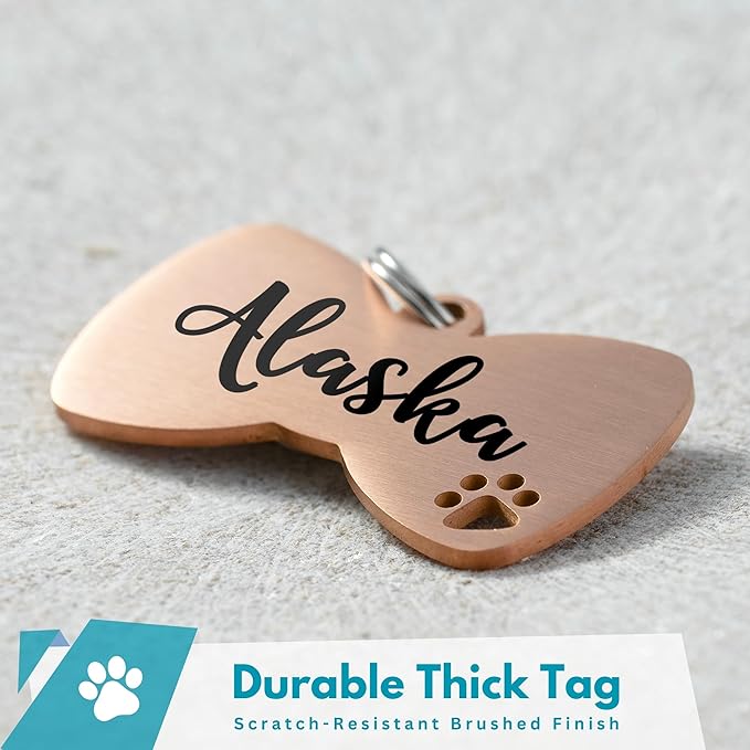Ultra Joys Dog Tags Personalized for Pets - Hollow Paw Custom Pet ID Tag - Engraved Dog Tag for Small, Large Dogs - Small Bow Tie in Rose