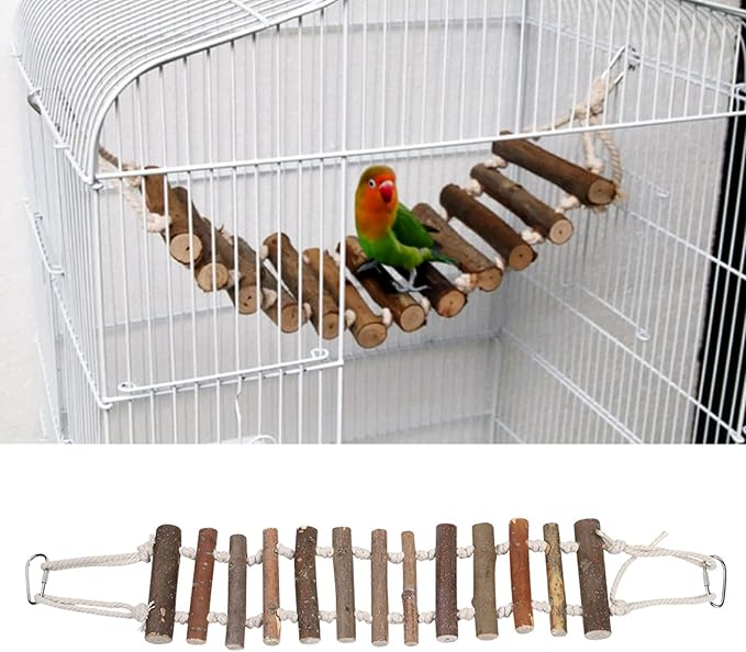 Joyzan Rope Ladder Bird Toy, Wood Stairs Climbing Activity Attachment Natural Wooden Step Swing Hanging Chewing Pet Bridge Cage Birdcage Lovebirds Rodent Parakeet Parrot Cockatiel Gecko Hermit Crab