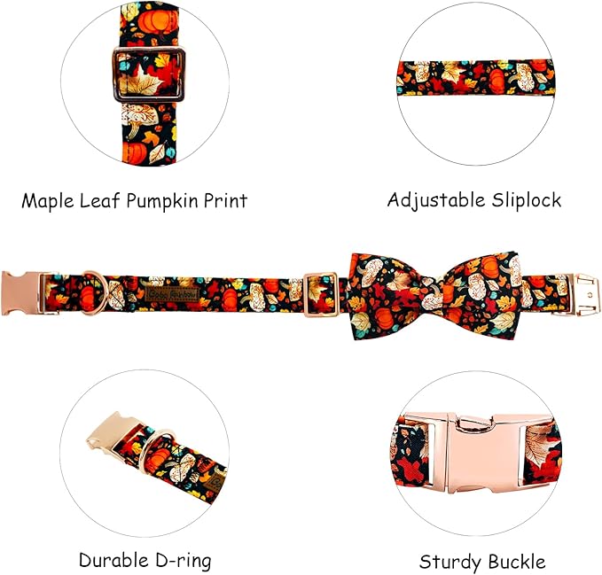 Fall Dog Collar, Leaf Pumpkin Print Adjustable Pet Collar Cute Cotton Soft Collars with Bow Tie Metal Buckle Holiday Puppy Collars Boy&Girl Gift for X-Small Dogs