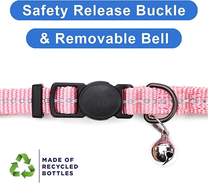 Pawtitas Recycled Pink Reflective Cat Collar – Eco-Friendly Breakaway Safety Buckle, Adjustable Kitten & Adult Collar with Removable Bell and High-Visibility Strap