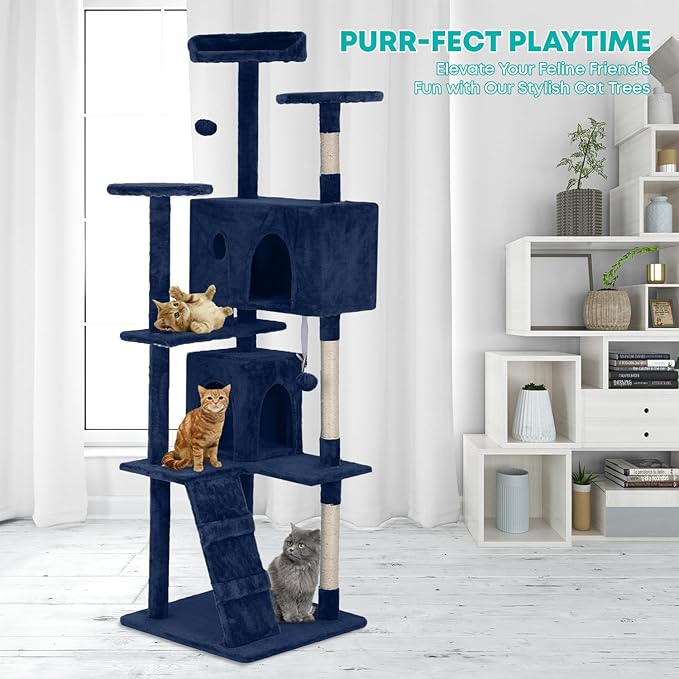 FDW | 70" Cat Tree Tower | Navy Blue | Multi-Level Indoor Activity Center with Sisal Scratching Posts, Condos, Plush Perches, Hanging Cat Toys | Sturdy, Easy to Assemble | for Kittens & Adult Cats