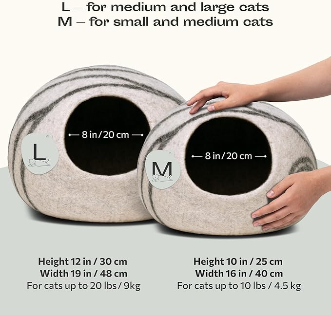 MEOWFIA Cat Cave – Premium Felt Cat Bed for Indoor Cats, Handmade Merino Wool (Light Grey, Large)