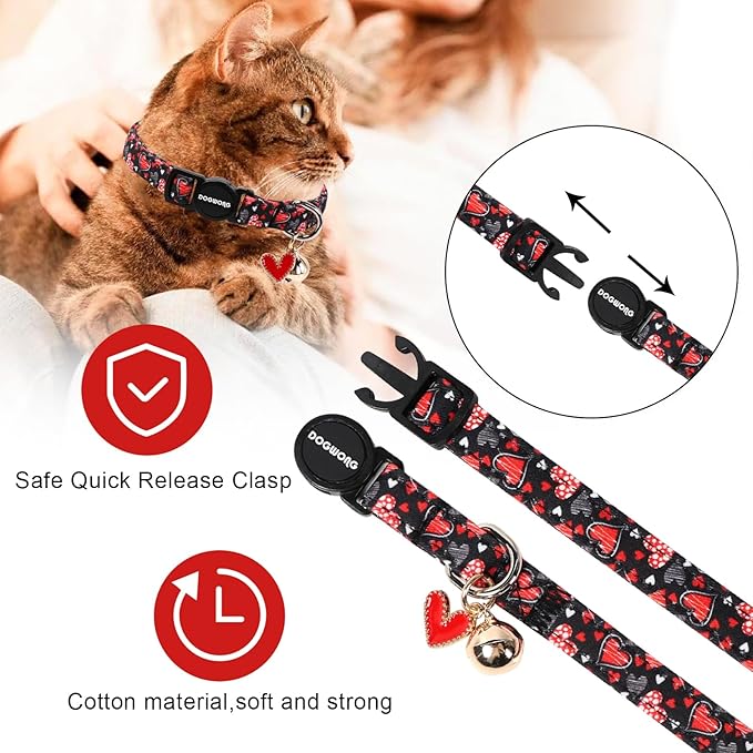 Cat Collar,2 Pack Cat Collars Breakaway with Bell, DOGWONG Safety Buckle Valentine's Day Cat Collar Cute Heart for Girl Boy Cats and Small Dogs，Adjustable 7-12 Inch,Pet Supplies Accessories