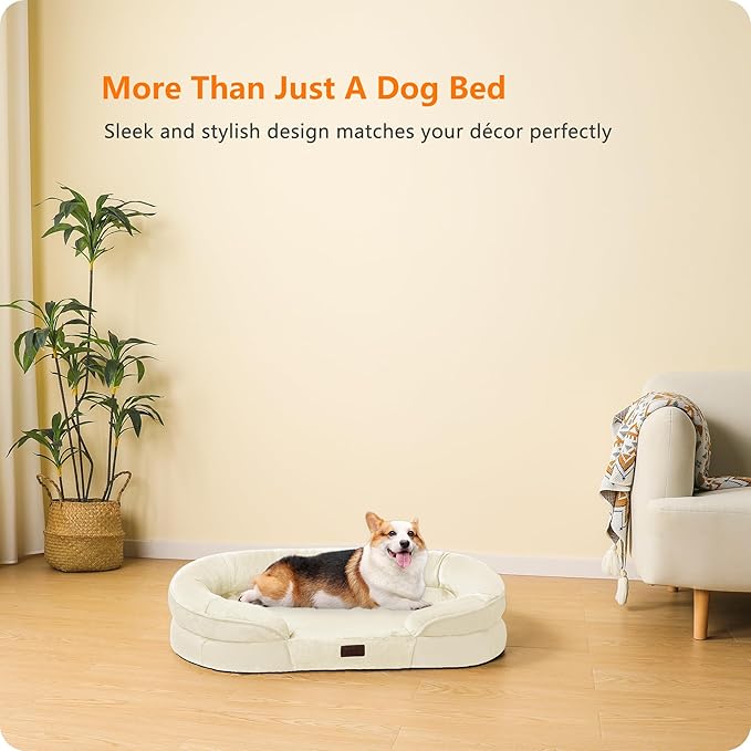 Dwanton Orthopedic Dog Bed for Medium Dogs with Gel Memory Foam, Waterproof Dog Sofa, Washable Pet Bed with Four Sided Bolster Cushion, Removable Cover & Non-Slip Bottom, 35", Beige