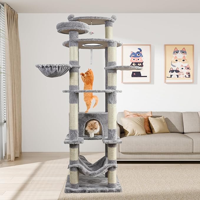 78.8" Large Cat Tree Tower for Indoor Kitties, Multi-Level Furniture Activity Center for Tall Cat Condo with Cozy Perches,Sisal Scratching Posts,Hammock and Basket (78.8 inch Light Gray)