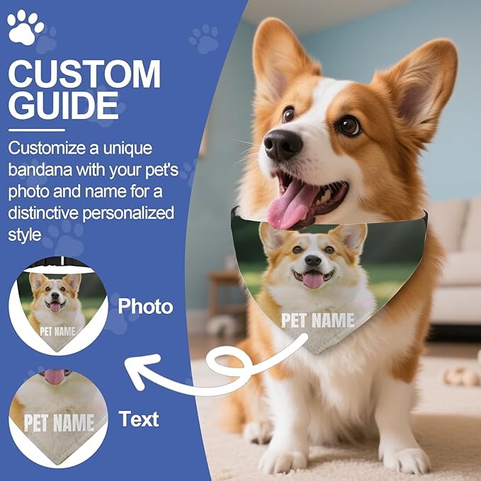 Custom Dog Bandana with Photo Personalized Dog Bandana Custom Image & Text, Unique Pet Scarf for Small Medium Large Dogs Personalized Pet Gift (Photo Custom, Medium)