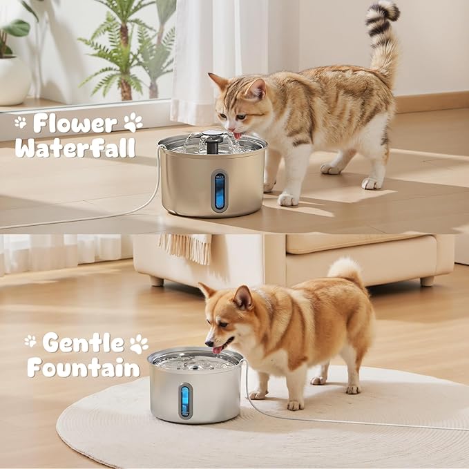 Cat Water Fountain Stainless Steel, 118oz/ 3.5L Large Capacity Automatic Pet Water Dispenser for Drinking with Level Window, Ultra Quiet Pump, 2 Replacement Filters & Pre-Filter Sponges for Dog