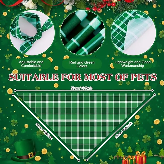 Abbylike 50 Pcs St. Patrick's Day Dog Bandanas Bulk Green Plaid Bandanas for Dogs Triangle Kerchief Bib Scarf for Pet Irish Holiday Costume Photo Props Accessories (19.7 x 13.8 x 13.8)