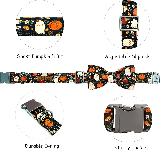 Halloween Dog Collar, Ghost Print Adjustable Pet Collar Fall Pumpkin Cute Cotton Soft Collars with Bow Tie Fall Metal Buckle Holiday Puppy Collars Boy&Girl Gift for X-Large Dogs