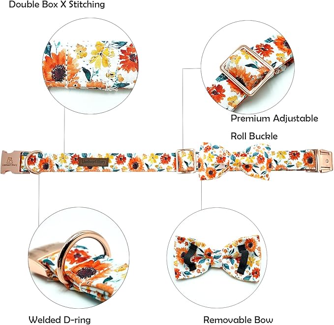 Lionheart glory Dog Collar Bow Collar Floral Dog Collar with Bow Tie Spring Summer Cute Collar Dog Boy or Girl Dog Collars Soft Durable Adjustable Dog Collars for Medium Dogs