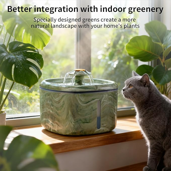 Cat Water Fountain,2.5L/84oz Cat Fountain for Drinking with Rotating Attractor & Camouflage Green Design –Automatic Pet Water Dispenser Bowl with 2-Pack Replaceable Filters