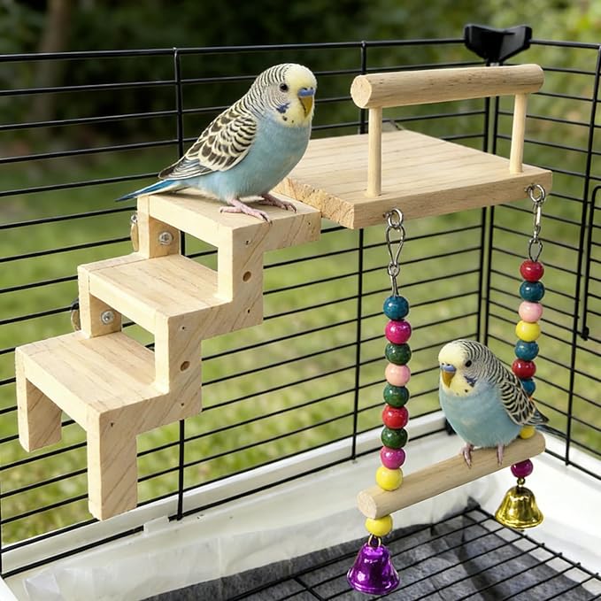 kathson Bird Perches Cage Toys with Bird Climbing Ladder Swing,Wooden Parrot Perches Platform,Parakeet Play Gyms Exercise Stands Cage Accessories for Green Cheeks,Lovebird,Budgie,Cockatiels