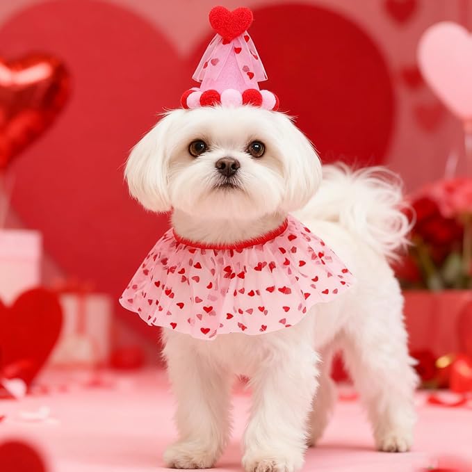 SCENEREAL Valentine's Day Cat Costume - Kitten Hat & Scarf Set, Pet Birthday Bandana Scarf Bib Holiday Outfit Party Accessories for Big Cats Puppy Small Dogs Animals
