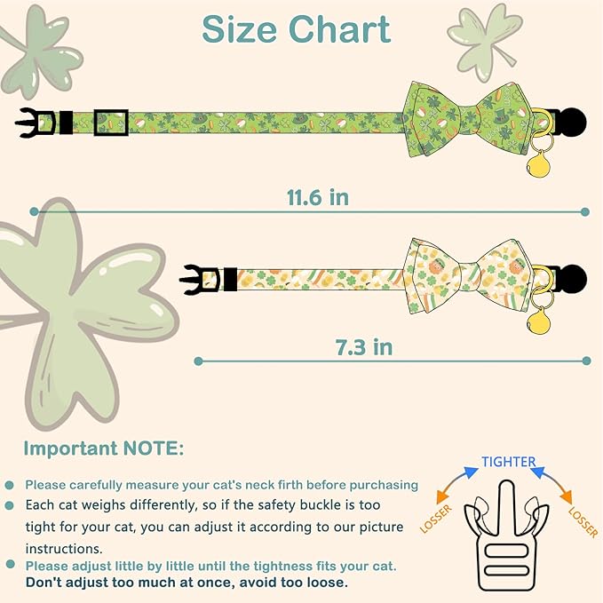 Faygarsle 2 Pack St Patrick's Day Cat Collar Cute Trefoil Gold Coin Printed Collar with Bow tie Breakaway Green Yellow Cat Collar for Boy Girl Cats