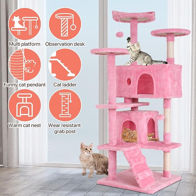 54in Cat Tree Cat Climbing Tower with Scratching Post, Cats House Perch Kitten Tree Condo Wood Playhouse, Pet Trees Tower for Indoor Cats, Pink