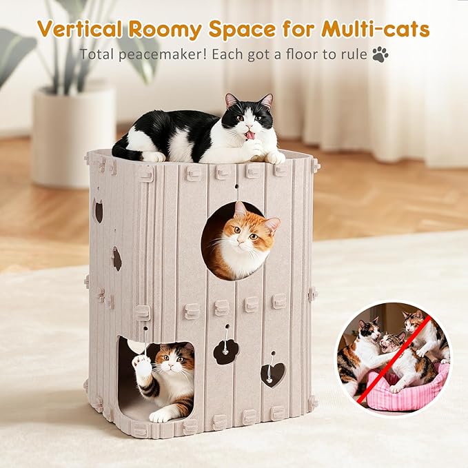 Cat House for Indoor Cats - 2-Story Enclosed Cat Bed Cave for Multiple & Large Cats, Felt Covered Pet Hideaway Tunnel Condo House, Kitty Hut Hideout Cube, Scratch Resistant, Beige