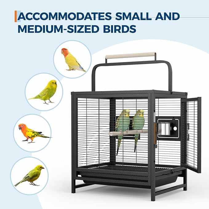 Bird Travel Carrier Cage, 19Inch Wrought Iron Small Bird Cage for Parrots Conures Lovebird Cockatiel Parakeets Black