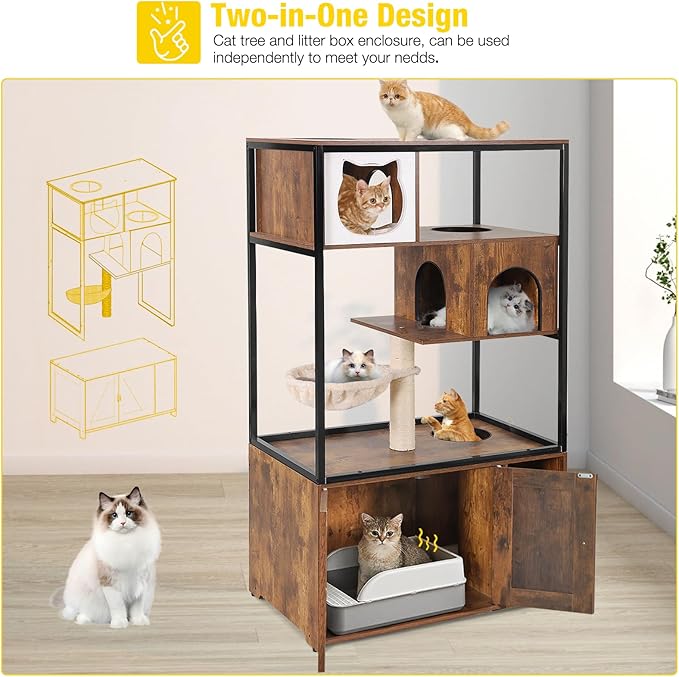 Aivituvin Cat Litter Box Enclosure, Litter Box Furniture Hidden, Wooden Cat Washroom Furniture, Indoor Cats House with Condo, Hammock, Scratching Mat and Storage Shelves