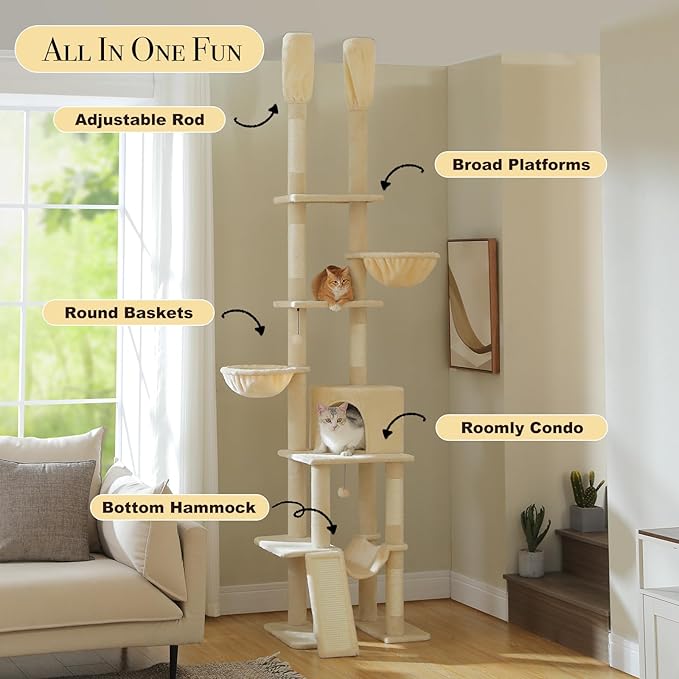 Floor to Ceiling Cat Tree Height (85-112 Inches) Adjustable, Tall Cat Tower 7 Tiers Activity Climbing Tower, Large Cat Tree with Cozy Hammocks, 5 Platforms and Scratching Posts for Indoor Cats-Beige