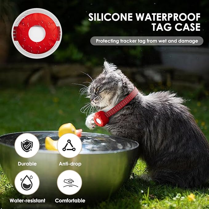 GPS Tracker for Cats, Cat Tracker Collar with Safety Elastic Buckle, Compatible with Apple Find My App (Only iOS), No Monthly Fee, Waterproof (White Tracker, Red Cat Collar)