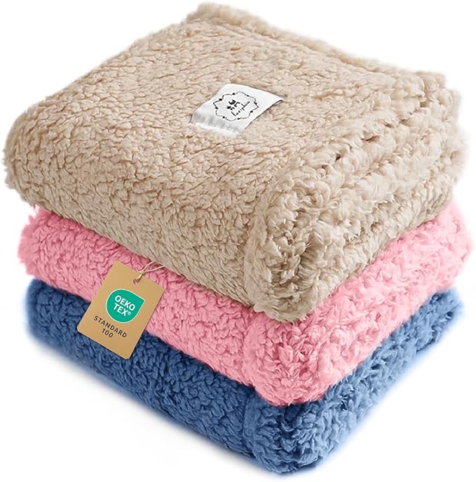 Luciphia 1 Pack 3 Calming Dog Blanket Fluffy Premium Fleece Pet Blankets Soft Sherpa Throw for Dogs Puppy Cat Beige/Pink/HazeBlue Large (41" x31")