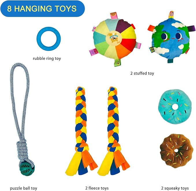Dewonch Puppy Play Gym with 8 Hanging Toys, Small Dogs Indoor Jungle Gym, PVC Frame with Bungee Straps Enrichment Activity Center