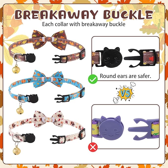 KOOLTAIL Cat Collar with Bow Tie and Bell - 3 Pack Cute Cat Collars Breakaway with Food Pattern, Cute Adjustable Kitten Collar with Safety Buckle for Girls Boys Kitty