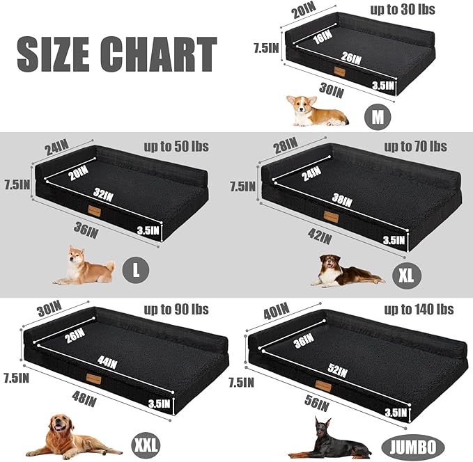 Patas Lague Orthopedic Dog Bed Large Sized Dog 36''X24'', Waterproof L Bolster Medium Pet Sofa Beds with Removable Washable Cover, Soft Comfortable Pet Couch Crate Mat with Nonskid Bottom, Black