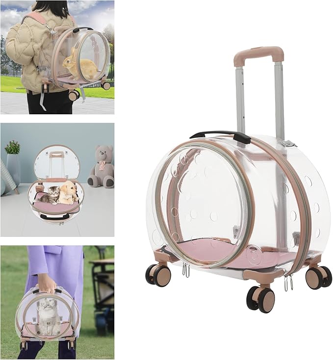 Transparent & Fully Breathable Hard Cat Carrier with Rolling Wheels, Multiple Carrying Carrier for Cats, Dogs, Or Bunnies for Traveling, Taking a Walk, Applicable Weighing up to 19.84lbs (Pink,Clear)