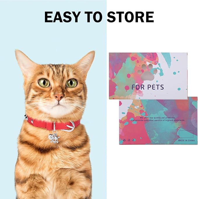 Leather Cat Collars for Boy Girl Cats with Bell and Safety Elastic Belt, Personalized Rivets Stud Adjustable Safe Buckle Collar with Skull Charm for Kitty Small Pets, Red
