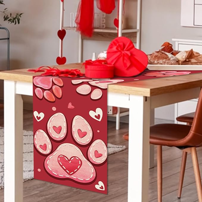 Valentines Day Dog Cat Paw Prints Table Runner, Red Love Hearts Kitchen Dining Table Decoration Pet Lover Gift, Anniversary Wedding Burlap Indoor Outdoor Home Decor Party Supply 13 x 108 Inches