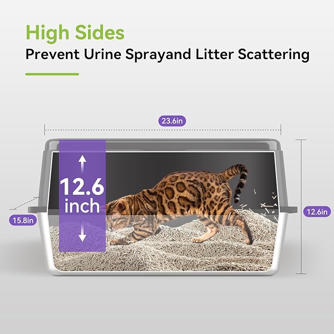 2 Pack Stainless Steel Litter Box, XL Enclosed Cat Litter Boxes, Metal Litter Pan with High Sides Odor Free Non Sticky Easy Cleaning, Grey
