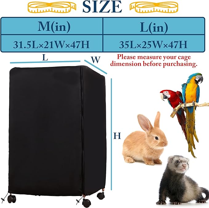 Universal Bird Cage Cover,Pet Cage Cover,100% Shading Oxford Cloth with PU Coating Layer,Good Night for Small Animals,Adjustable Soft Airy Nylon Mesh Net for Round Square Cages (Black, 35×25×47in)