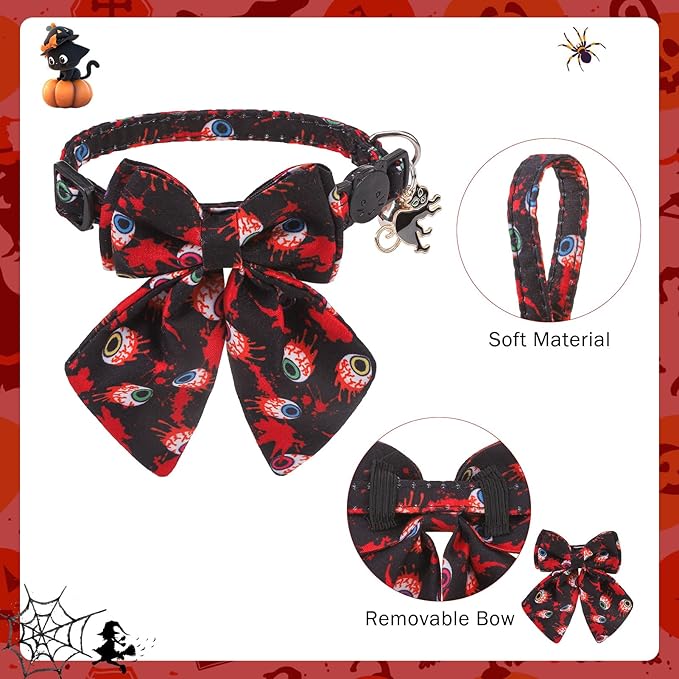 SCENEREAL Halloween Cat Collar with Bell & Stylish Bowtie, Bloody Pattern Breakaway Cat Collars Accessories for Boy Girl Small Cats, Holiday Fall Kitten Costumes for Female Male Pets