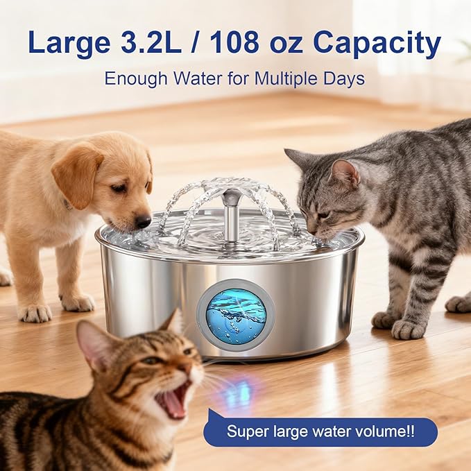 LucidShine 108oz/3.2L Stainless Steel Cat Water Fountain with 8 Replacement Filters（Up to 8-Month Supply）, Automatic Pet Drinking Fountain for Multi-Pet Households, Ultra Quiet Pump & Dishwasher Safe